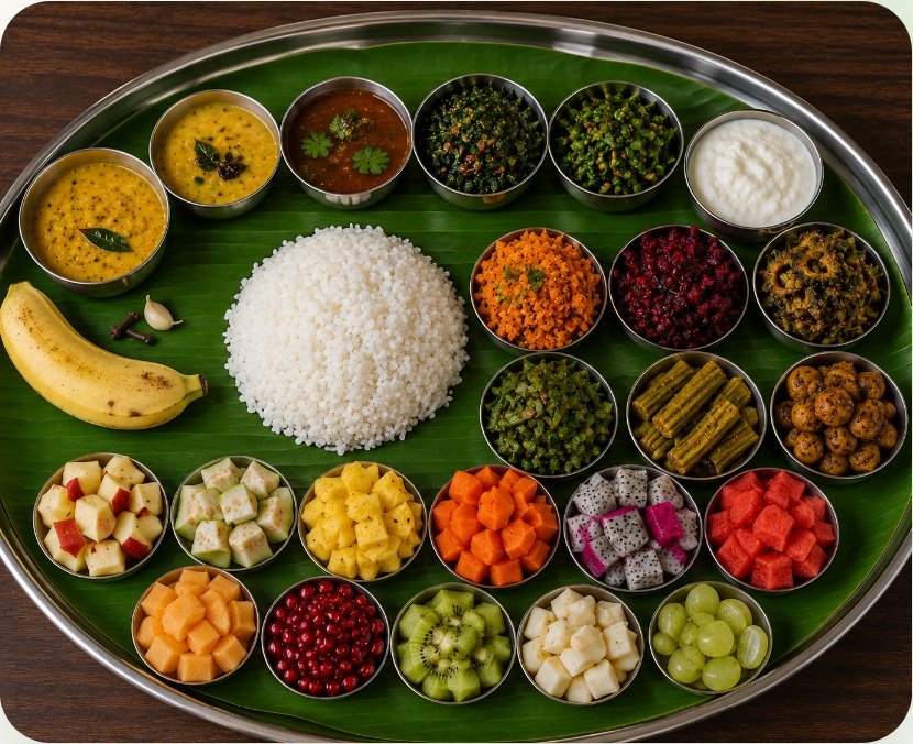 Traditional Indian lunch with rice, vegetables, dal and fresh fruit
